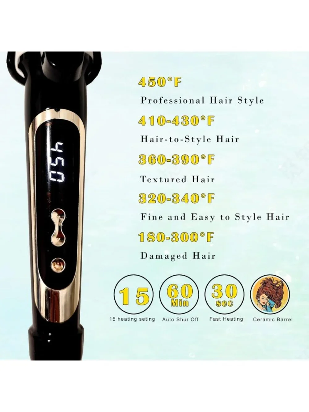 1-Inch Extra Long Barrel Curling Iron with Clamp & Instant Heat Up to 450°F